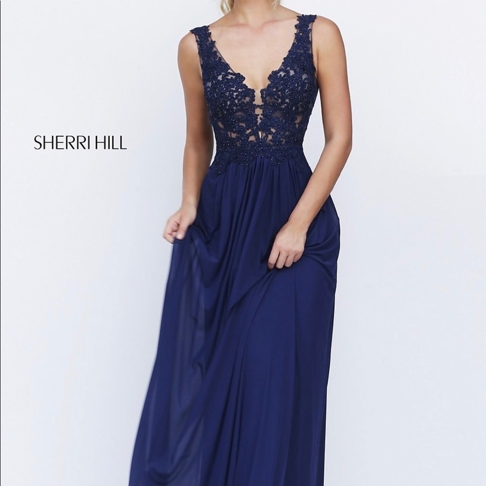 Full length navy blue Sherri Hill prom dress